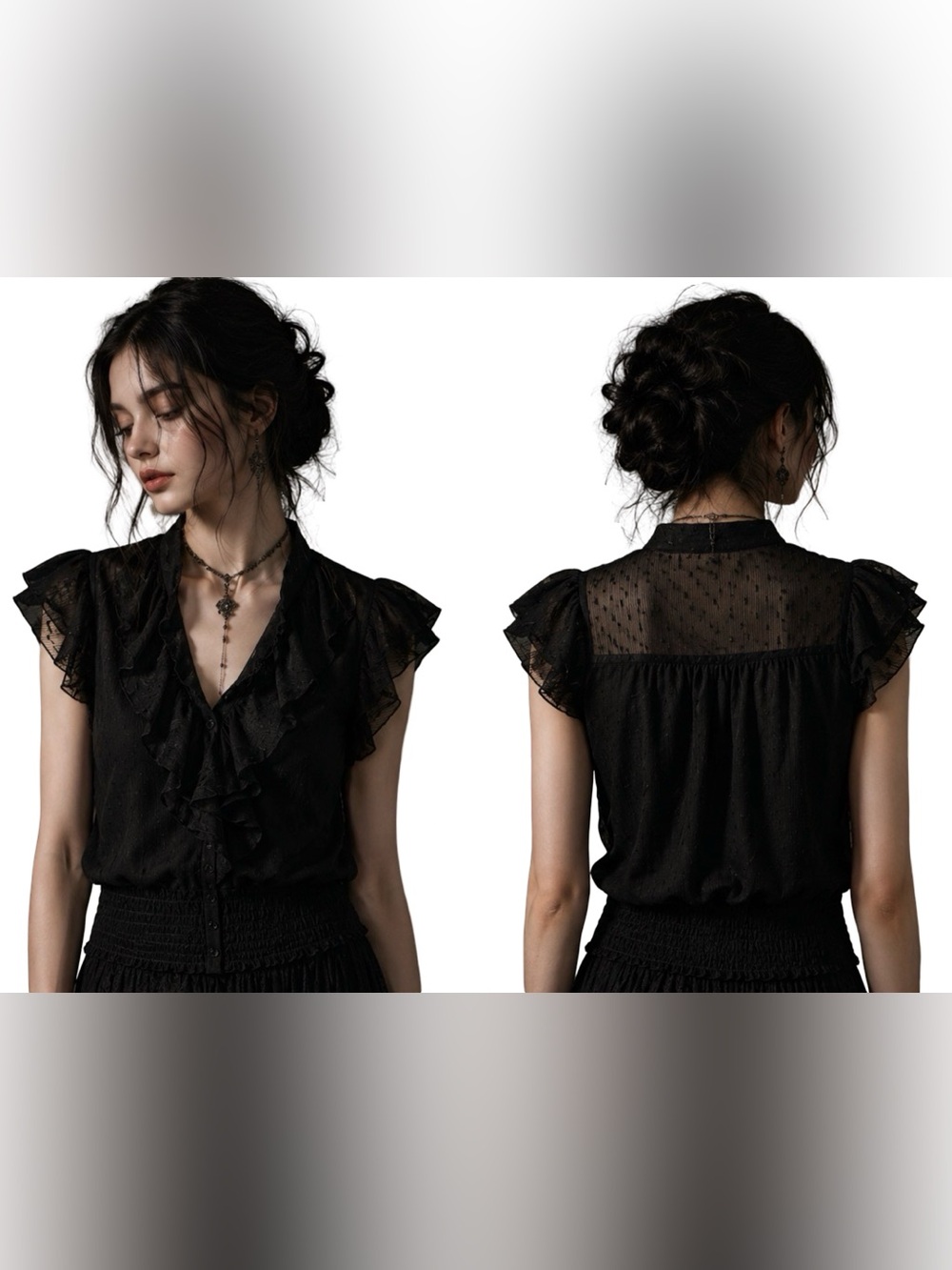 Ambiance Black Romantic Ruffled Feninine Fairy Cap Sleeve Blouse Size Medium
